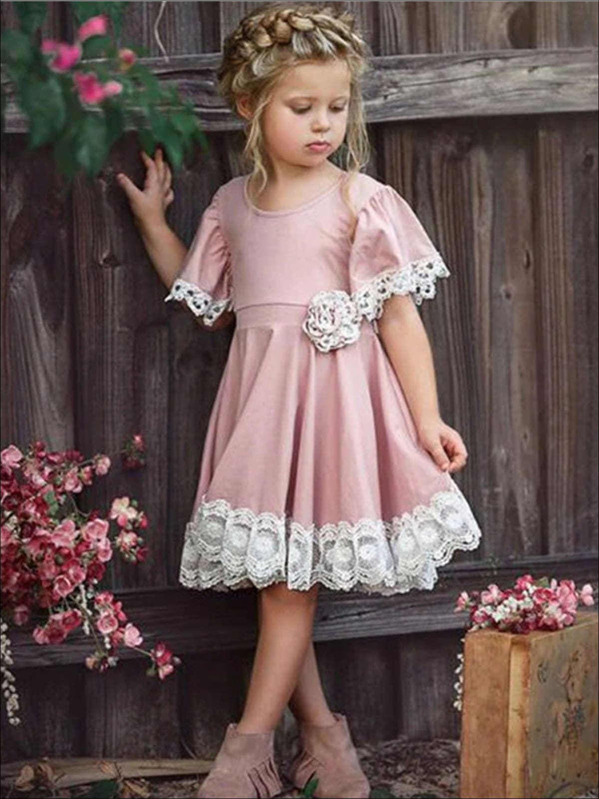 Toddler Spring Dresses | Girls Pink Lace Flare Sleeve A-Line Dress