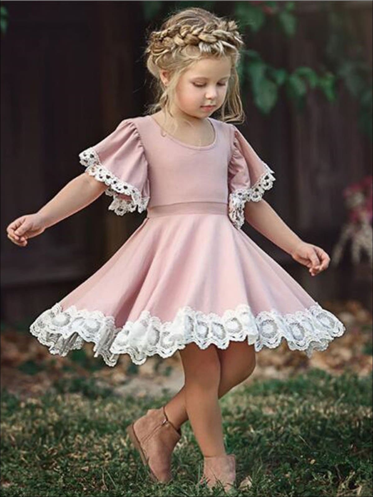 Toddler Spring Dresses | Girls Pink Lace Flare Sleeve A-Line Dress
