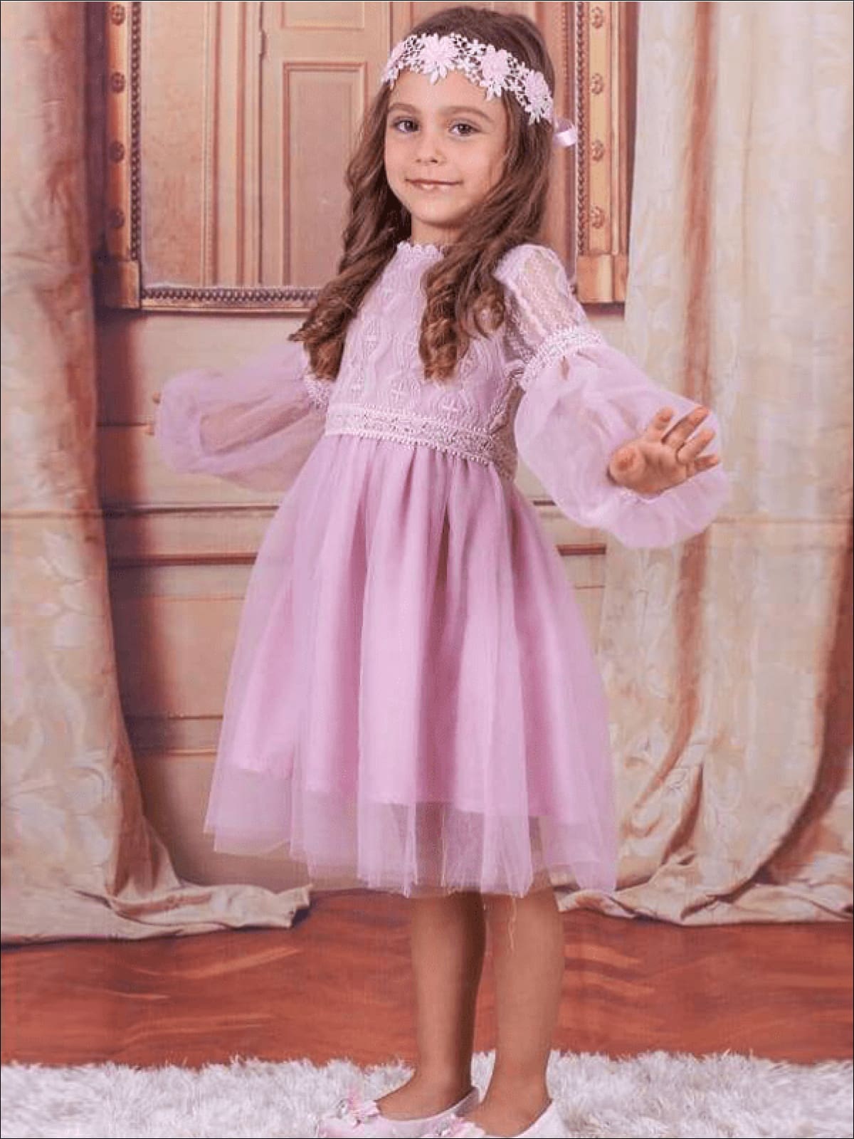 Toddler Spring Party Dress | Girls Lace Trim Boho Sleeve Tulle Dress