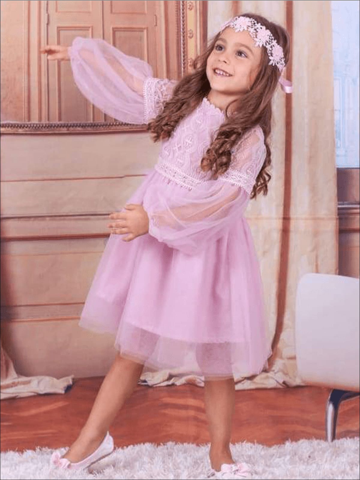Toddler Spring Party Dress | Girls Lace Trim Boho Sleeve Tulle Dress