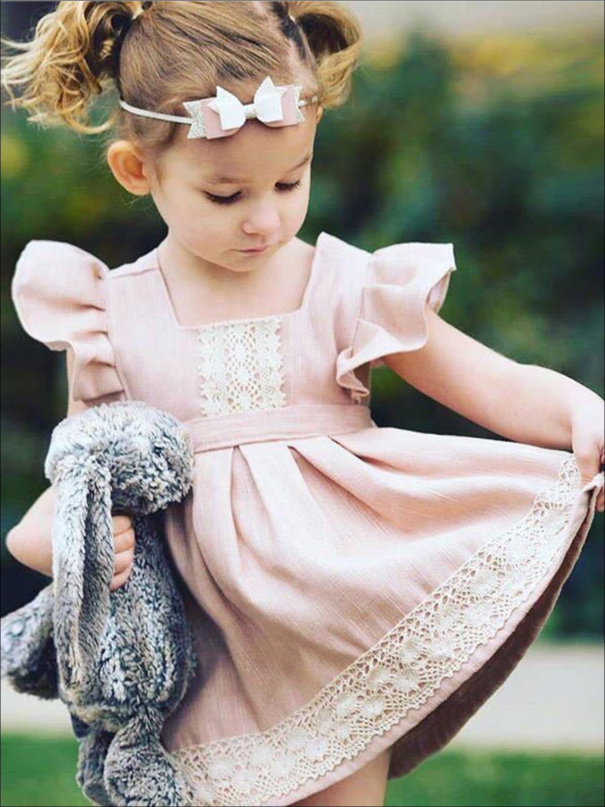 Toddler Spring Dress | Girls Pink Lace Flutter Sleeve Pleated Dress