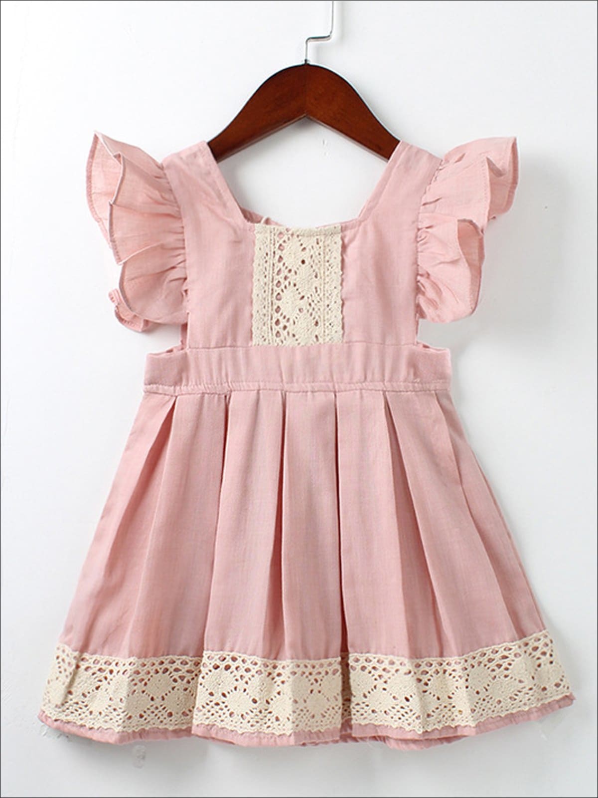Toddler Spring Dress | Girls Pink Lace Flutter Sleeve Pleated Dress
