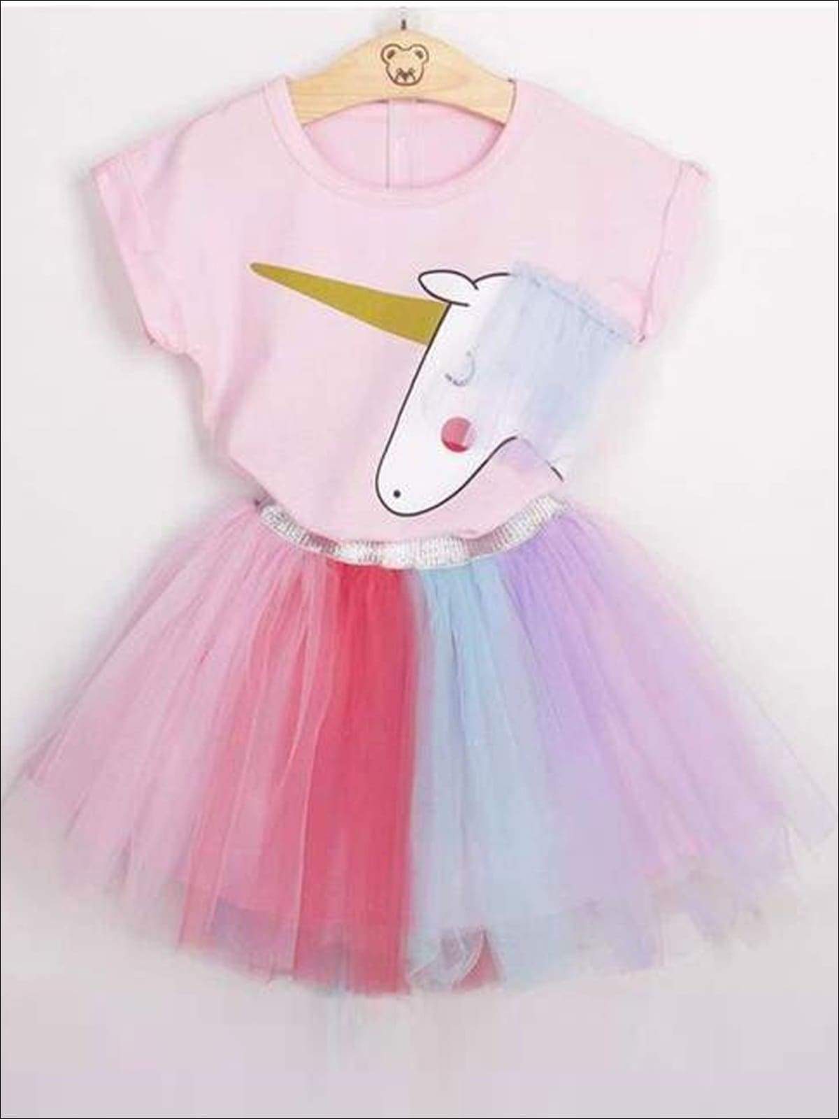 Girls Cute Outfit Ideas | Bashful Unicorn Rainbow Top & Tutu Skirt Set