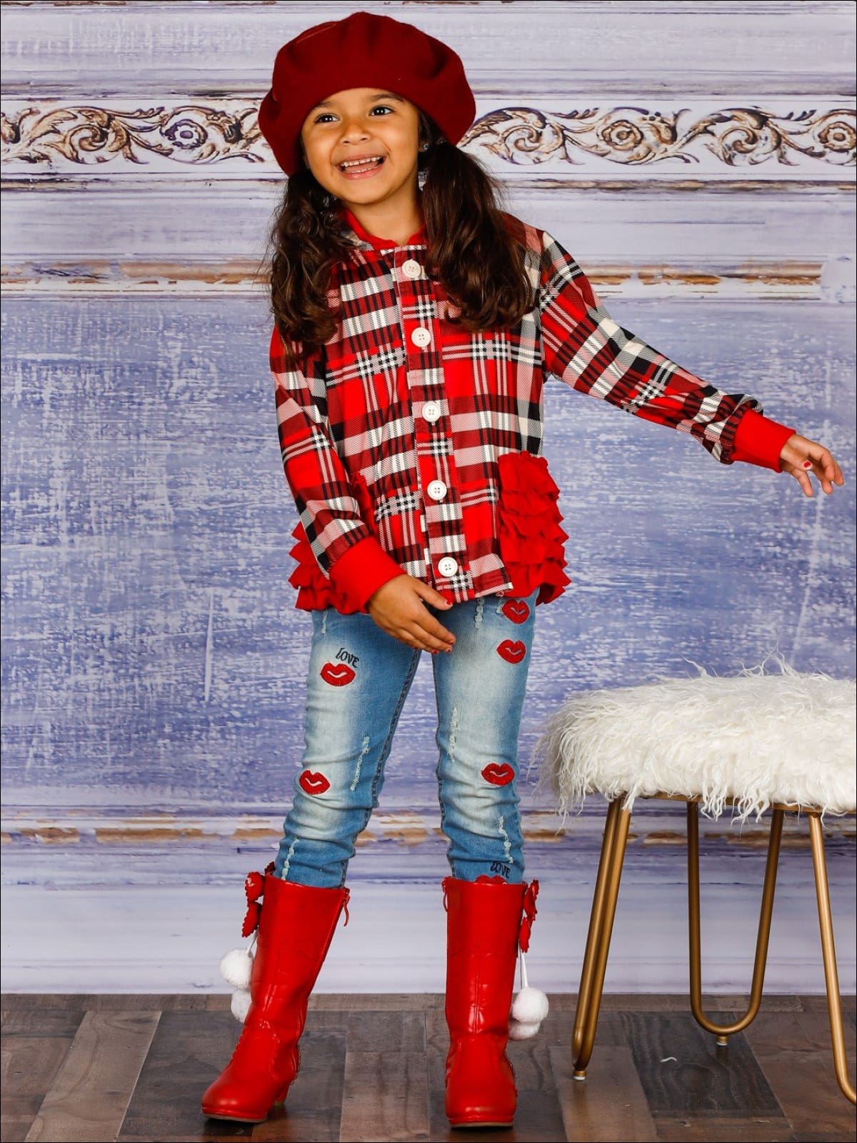 Girls Plaid Button Down Hooded Cardigan with Side Ruffles - Girls Sweater