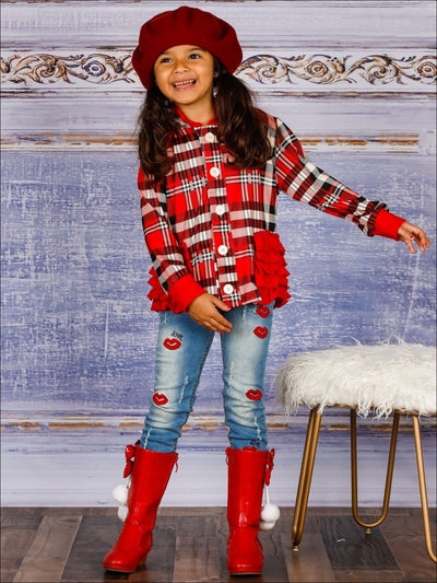 Girls Plaid Button Down Hooded Cardigan with Side Ruffles - Girls Sweater