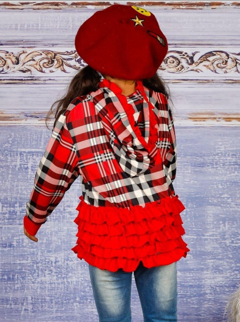 Girls Plaid Button Down Hooded Cardigan with Side Ruffles - Girls Sweater