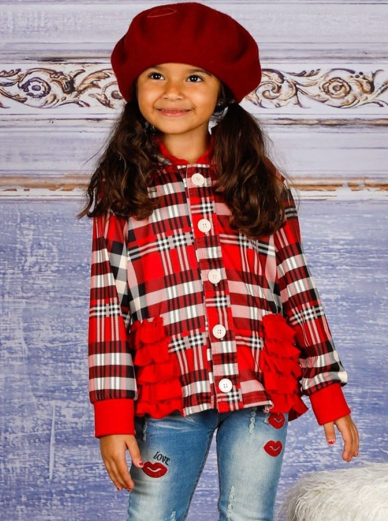 Girls Plaid Button Down Hooded Cardigan with Side Ruffles - Girls Sweater
