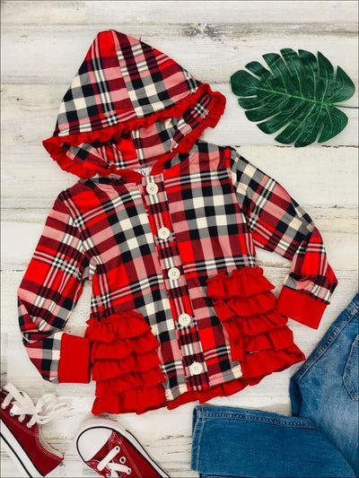 Girls Plaid Button Down Hooded Cardigan with Side Ruffles - Girls Sweater