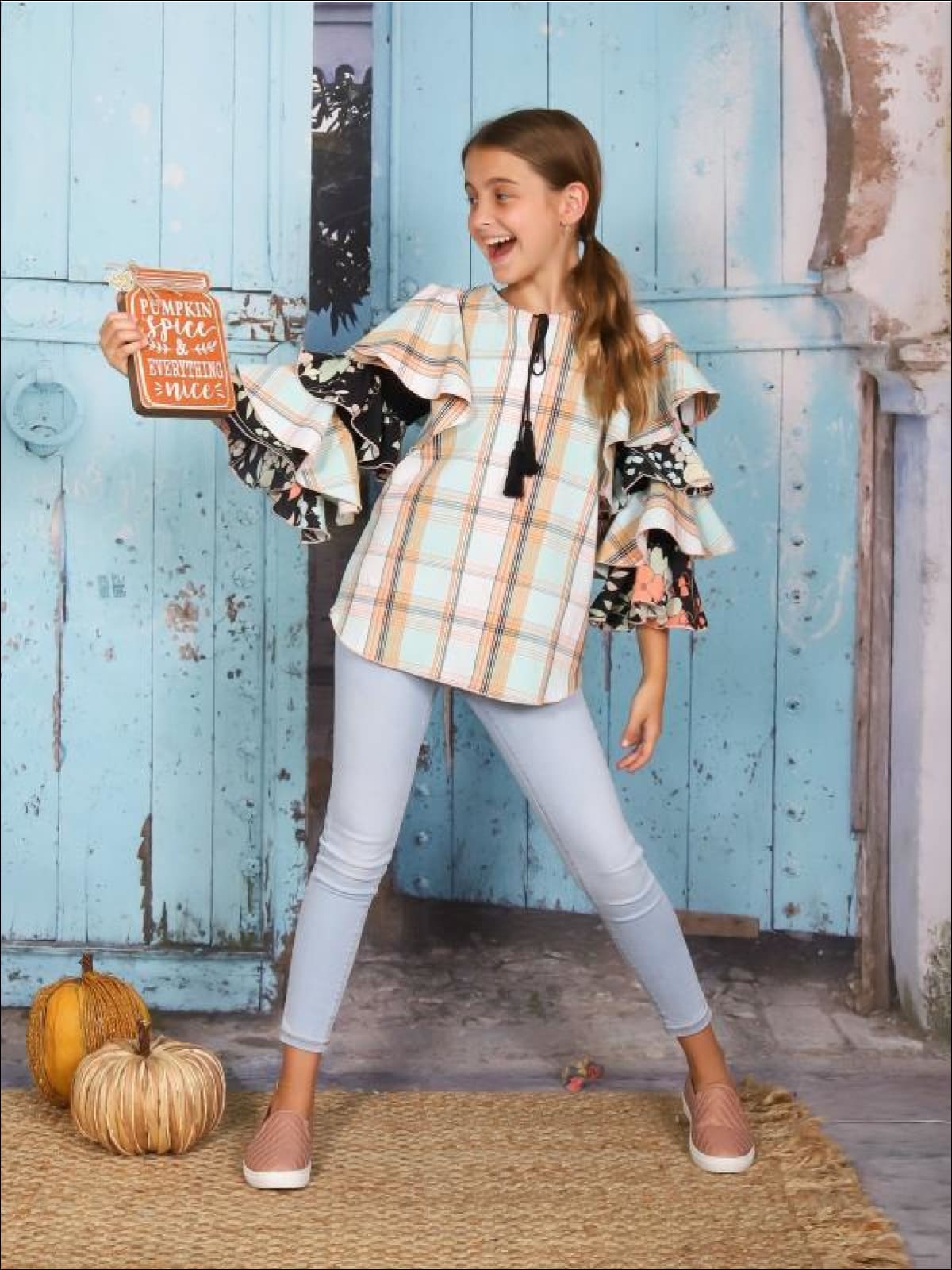 Girls Plaid & Floral Ruffled Flared Sleeves Tassel Neck Drawstring Tunic - Girls Spring Top