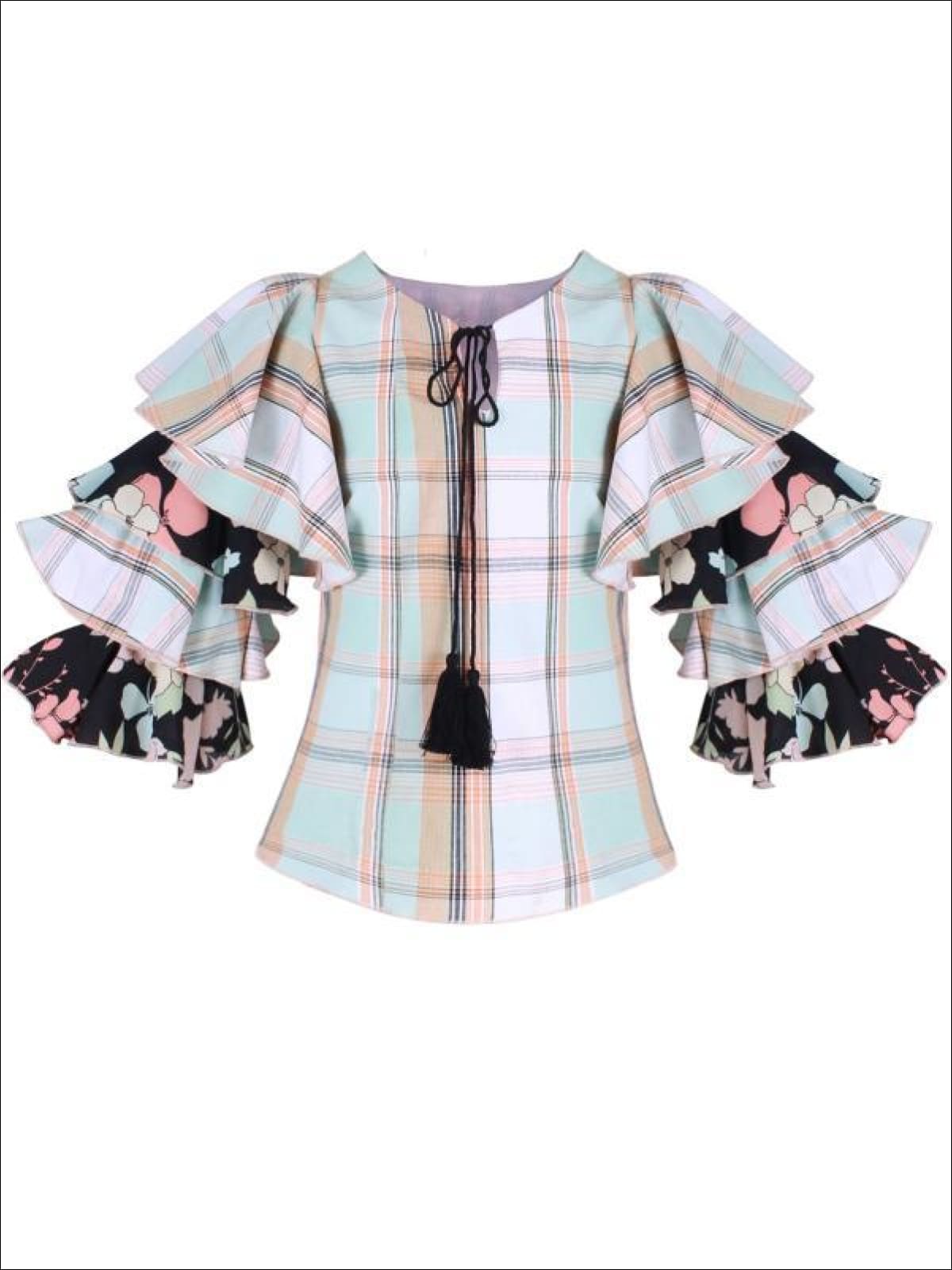 Girls Plaid & Floral Ruffled Flared Sleeves Tassel Neck Drawstring Tunic - Girls Spring Top