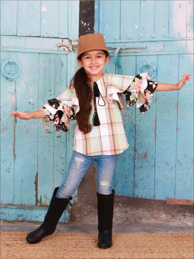 Girls Plaid & Floral Ruffled Flared Sleeves Tassel Neck Drawstring Tunic - Mint / 2T/3T - Girls Spring Top