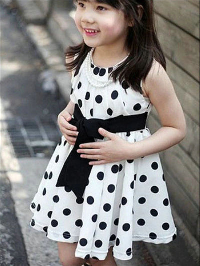 Girls Cute Spring Dresses | Sleeveless Polka Dot Bow Waist Dress