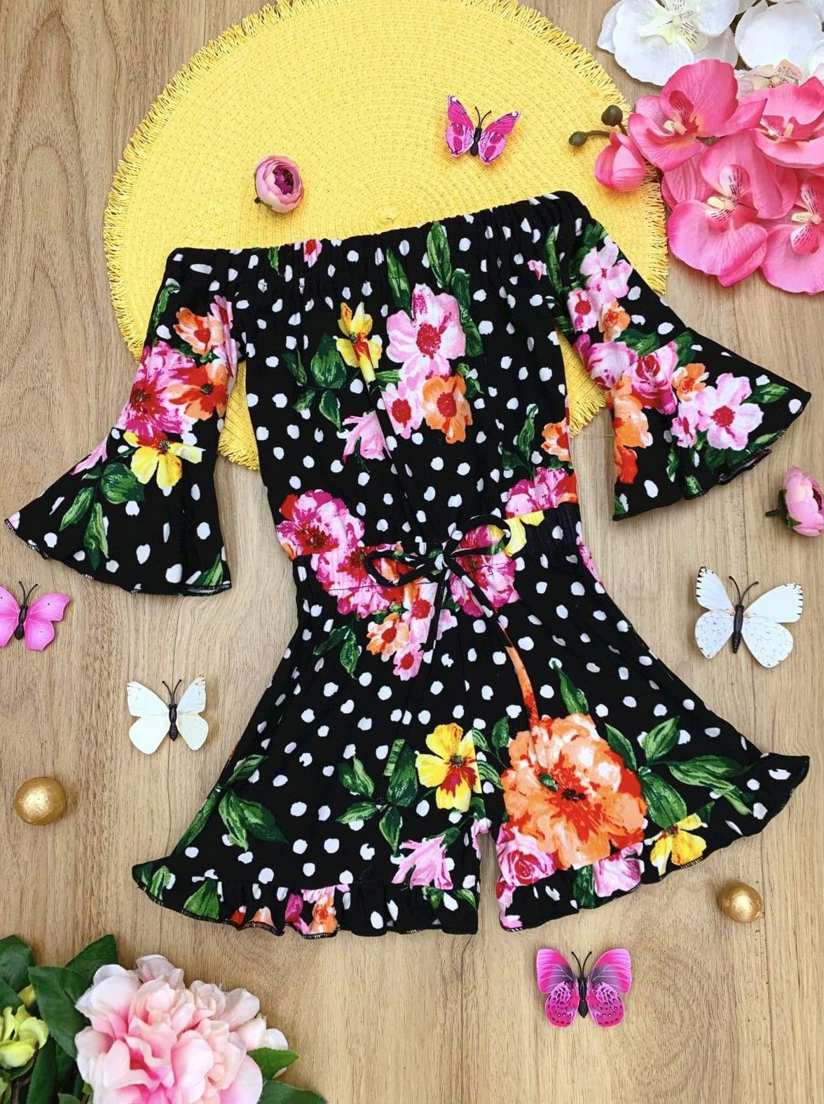 Children's Rompers | Girls Spring Floral Boho Drawstring Ruffle Romper