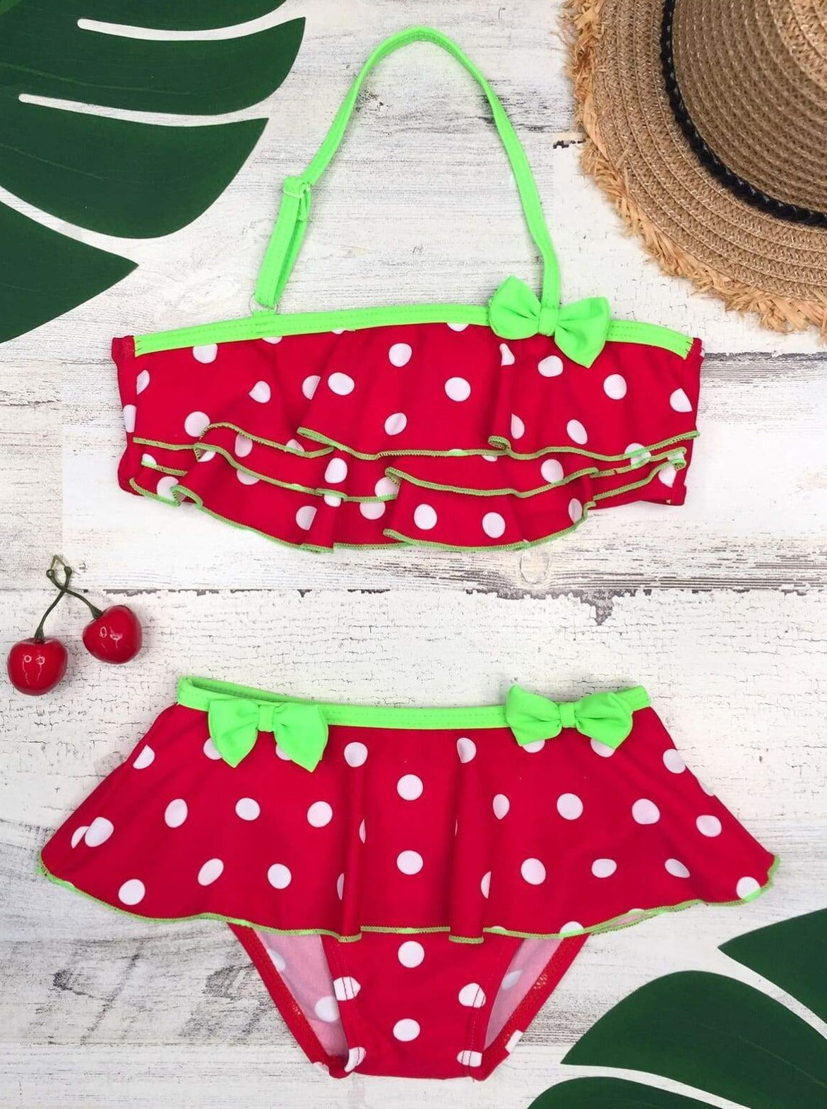 Toddler Two Piece Swimsuit | Girls Polka Dot Ruffle Skirted Swimsuit