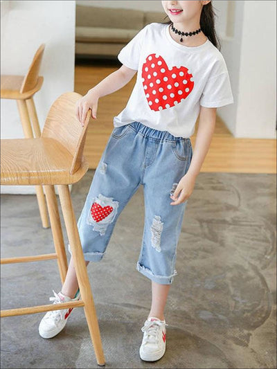 Girls Polka Heart Tee & Patched Denim Jeans Set - Mia Belle Girls