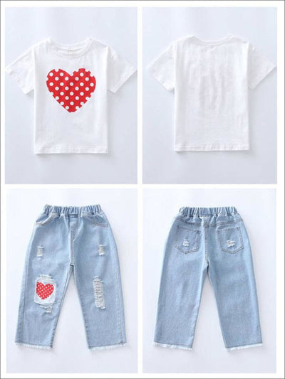 Girls Polka Heart Tee & Patched Denim Jeans Set - Mia Belle Girls