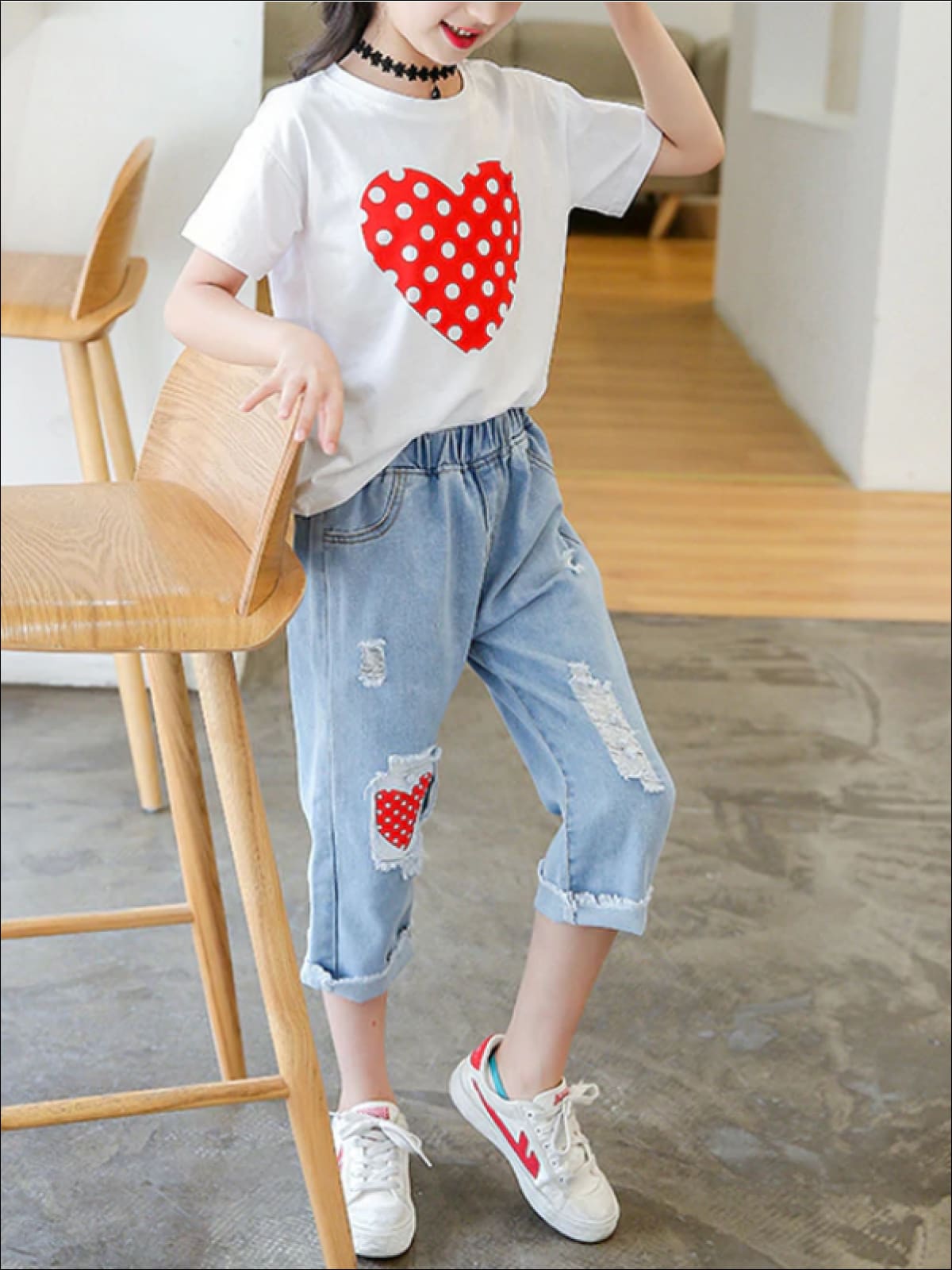 Girls Polka Heart Tee & Patched Denim Jeans Set - Mia Belle Girls