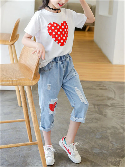 Girls Polka Heart Tee & Patched Denim Jeans Set - Mia Belle Girls