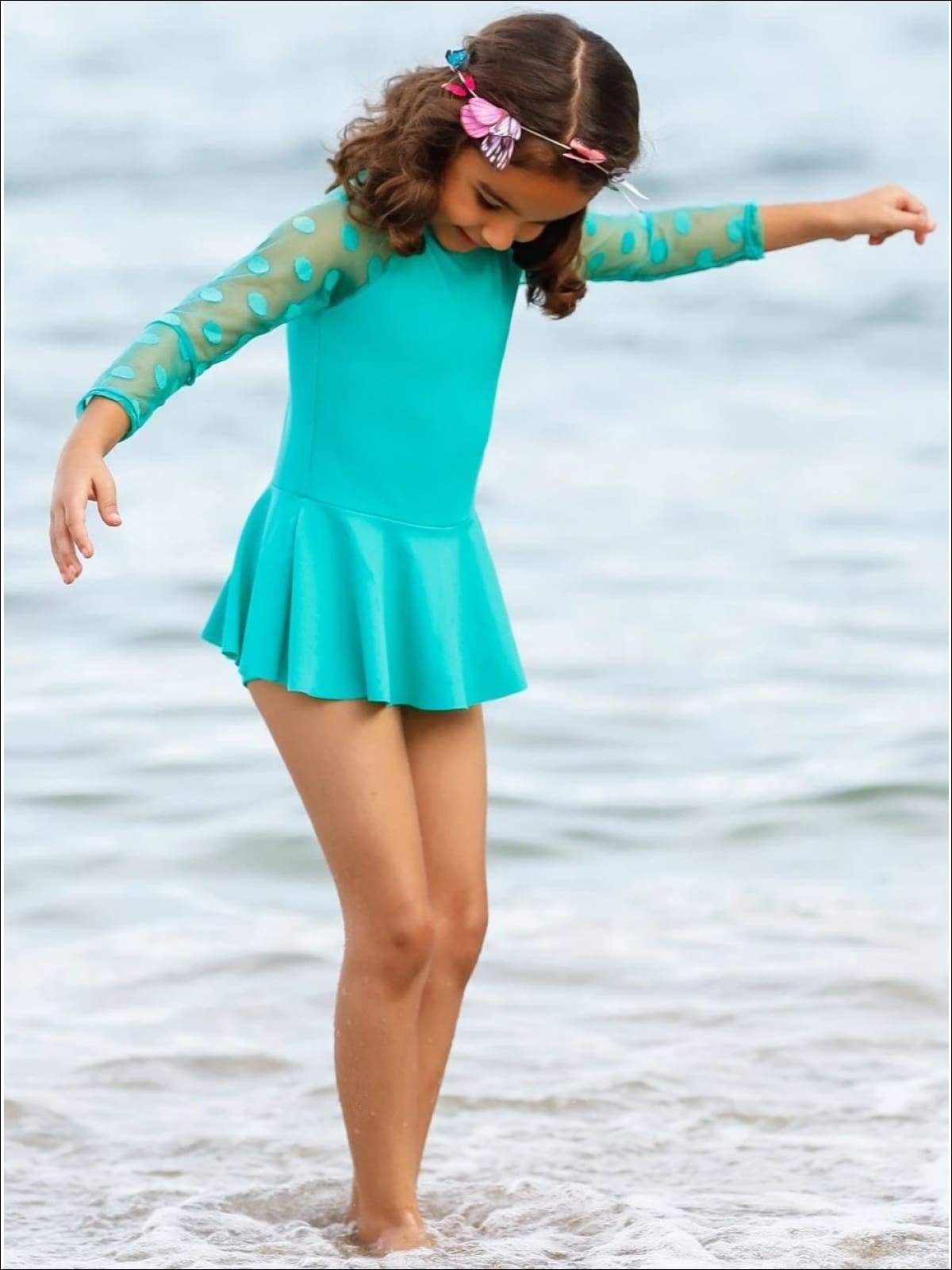 Kids Swimsuits | Girls Polka Dot Mesh Skirted One Piece Swimsuit