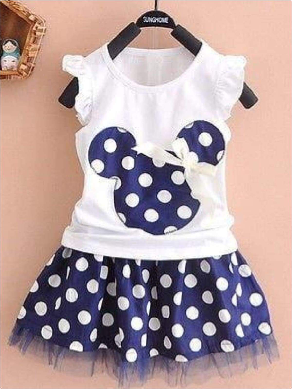 Girls Polka Dot Mouse Applique T-Shirt & Skirt Set - Girls Spring Casual Set