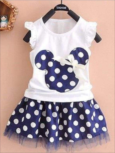 Girls Polka Dot Mouse Applique T-Shirt & Skirt Set - Girls Spring Casual Set