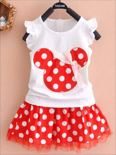 Girls Polka Dot Mouse Applique T-Shirt & Skirt Set - Girls Spring Casual Set