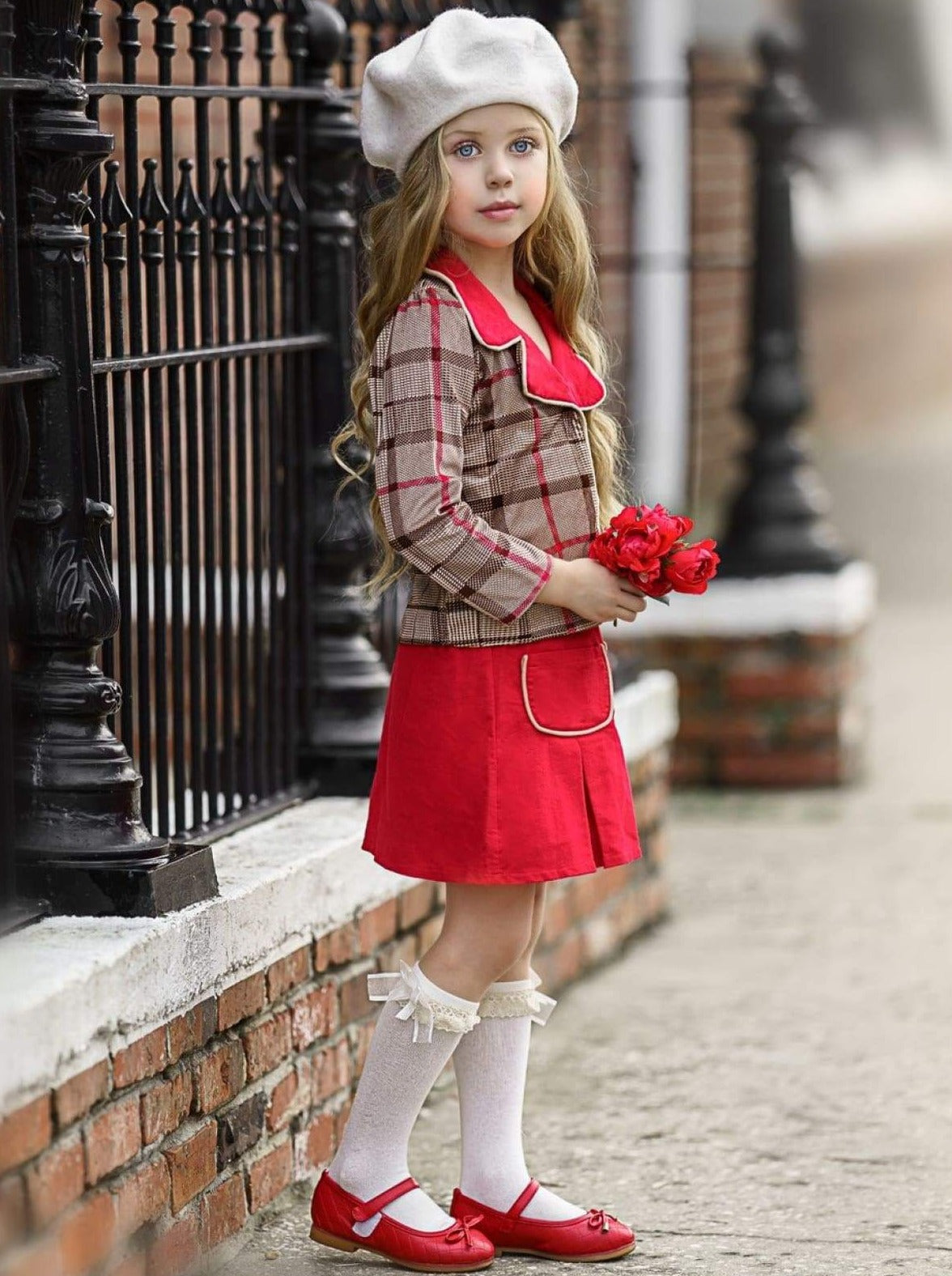 Girls Preppy Plaid Blazer & Red Pleated Skirt Set - Mia Belle Girls