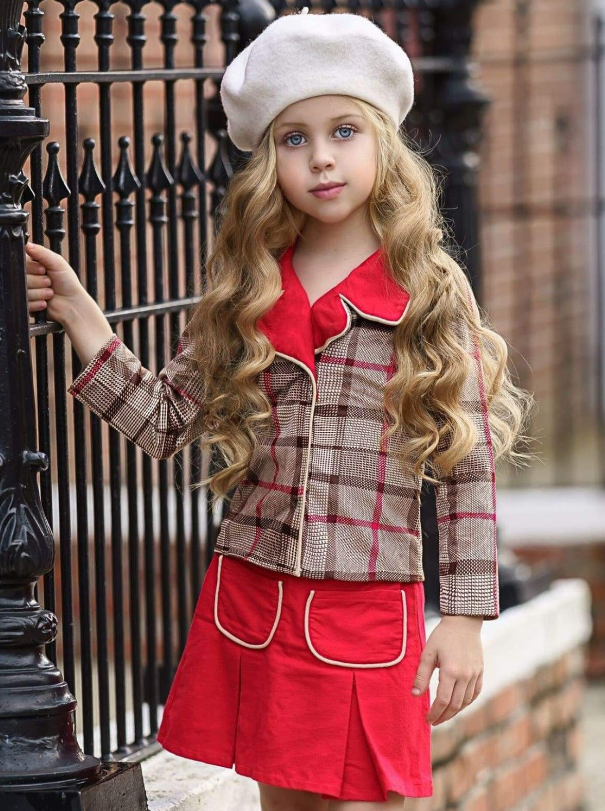 Girls Preppy Plaid Blazer & Red Pleated Skirt Set - Mia Belle Girls