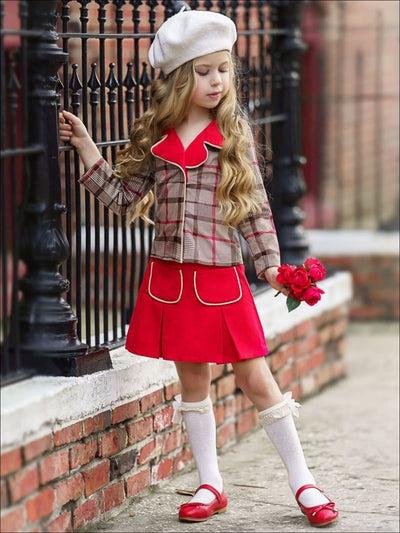 Girls Preppy Plaid Blazer & Red Pleated Skirt Set - Mia Belle Girls