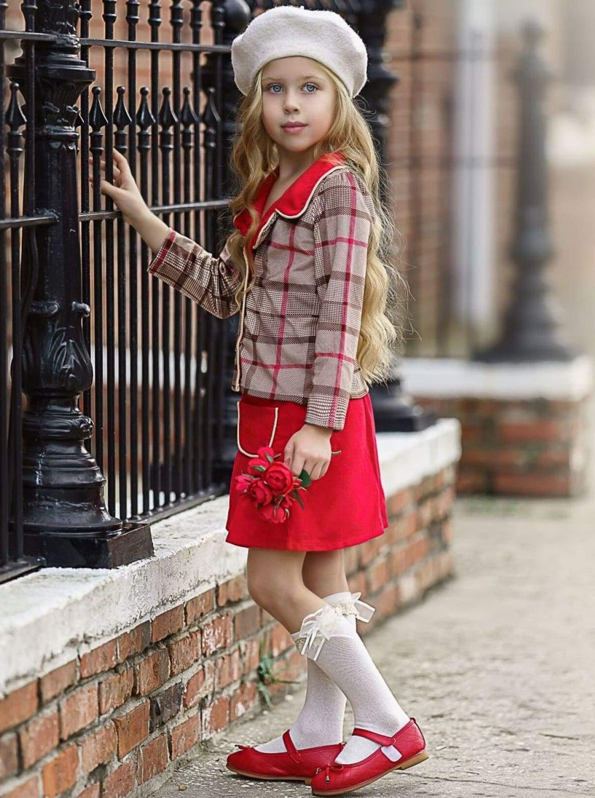 Girls Preppy Plaid Blazer & Red Pleated Skirt Set - Mia Belle Girls