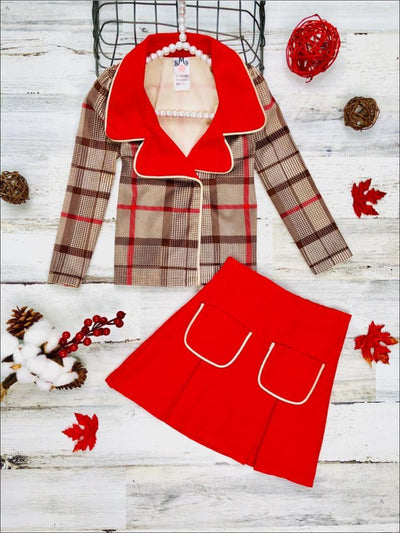Girls Preppy Plaid Blazer & Red Pleated Skirt Set - Mia Belle Girls
