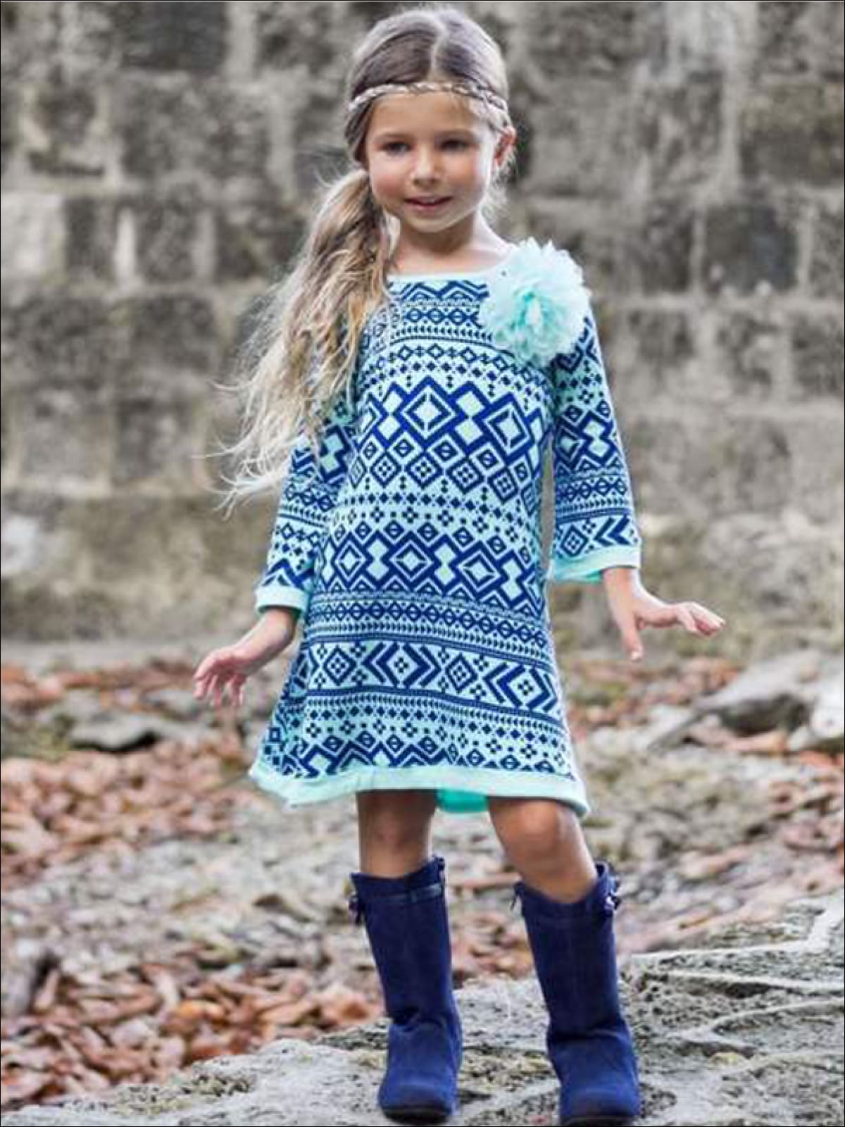 Girls Printed 3/4 Sleeve Twiggy Dress - Girls Fall Casual Dress