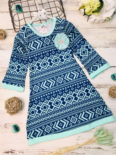 Girls Printed 3/4 Sleeve Twiggy Dress - Blue / 2T/3T - Girls Fall Casual Dress