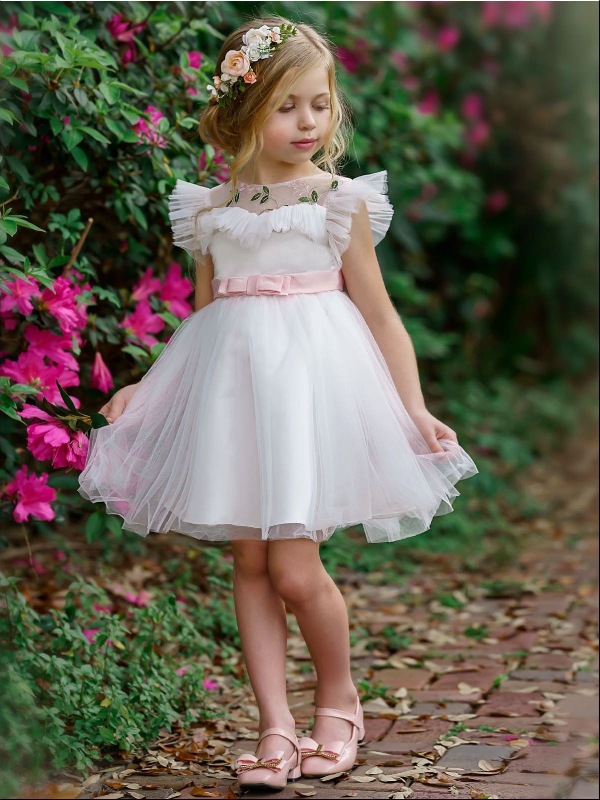 Girls Puffy Lace Flower Embroidered Dress - Girls Spring Dressy Dress