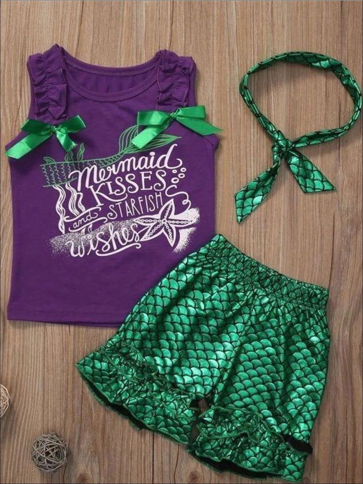 Girls Purple Mermaid Tank Top & Metallic Scale Ruffled Shorts Set