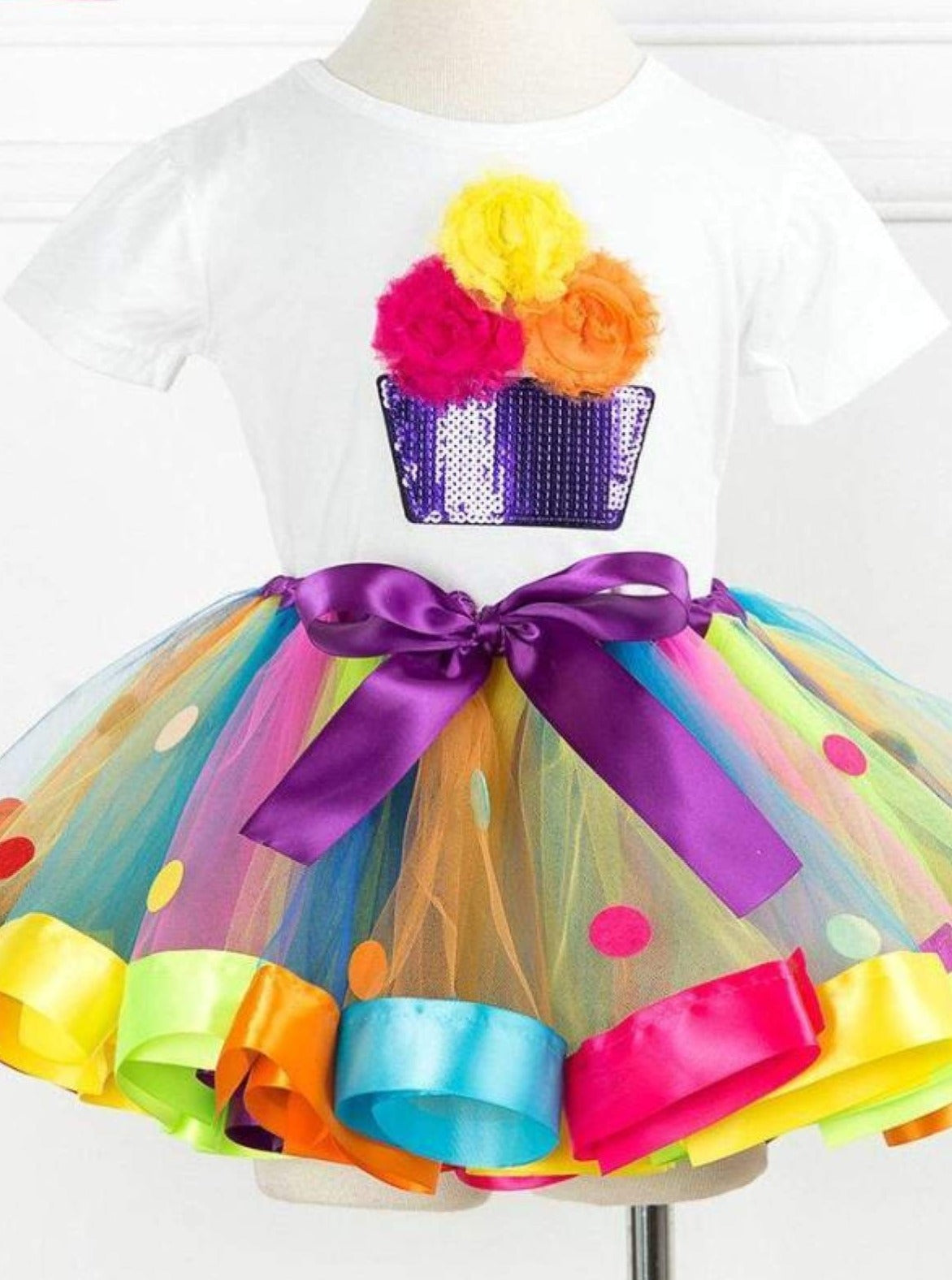 Girls Summer Clothes | Sequin Cupcake Tee & Rainbow Tutu Skirt Set
