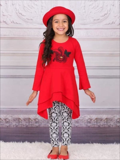 Girls Red & Black Double Layer Cuffed Sleeve Tunic & Leggings Set - Girls Fall Casual Set