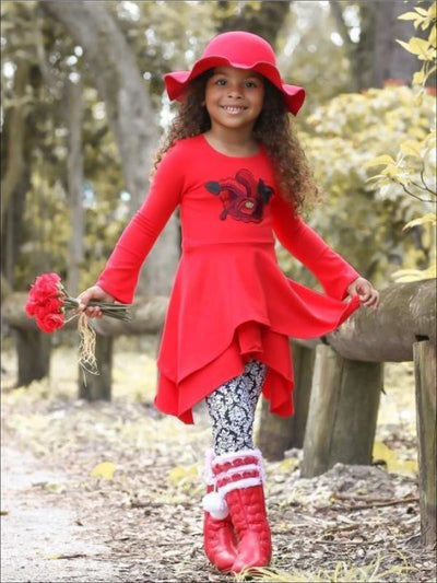Girls Red & Black Double Layer Cuffed Sleeve Tunic & Leggings Set - Girls Fall Casual Set