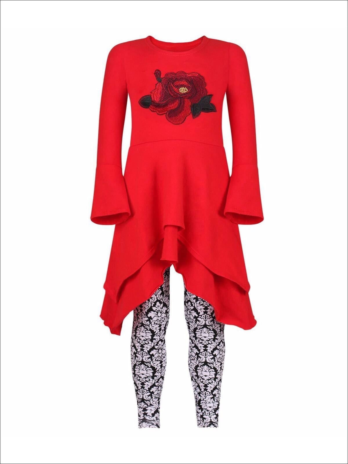 Girls Red & Black Double Layer Cuffed Sleeve Tunic & Leggings Set - Girls Fall Casual Set