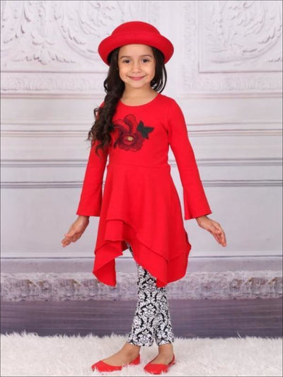 Girls Red & Black Double Layer Cuffed Sleeve Tunic & Leggings Set - Girls Fall Casual Set