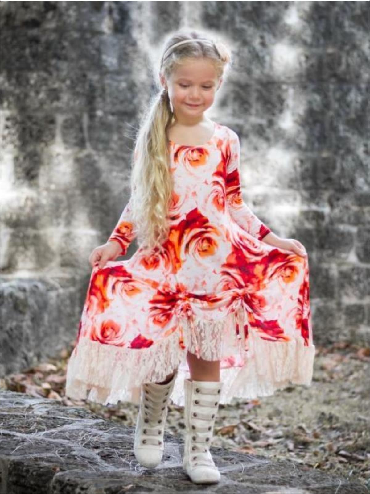 Girls Red & Creme Hi-Lo Drawstring Dress with Long Sleeves - Girls Fall Dressy Dress