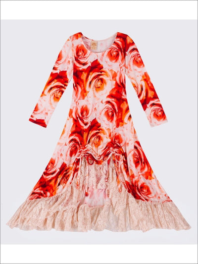 Girls Red & Creme Hi-Lo Drawstring Dress with Long Sleeves - Girls Fall Dressy Dress