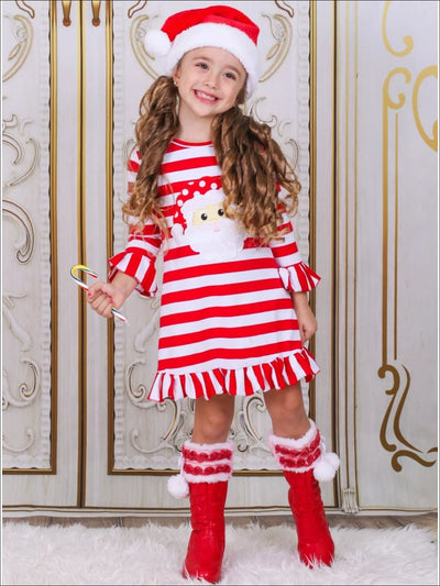 Girls Red Striped Santa Applique Ruffled Christmas Dress - Girls Christmas Dress
