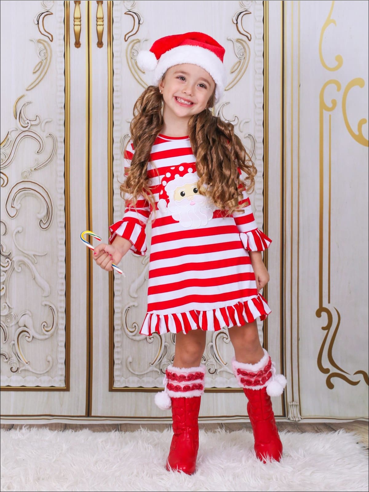Girls Red Striped Santa Applique Ruffled Christmas Dress - Girls Christmas Dress