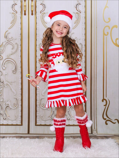 Girls Red Striped Santa Applique Ruffled Christmas Dress - Girls Christmas Dress