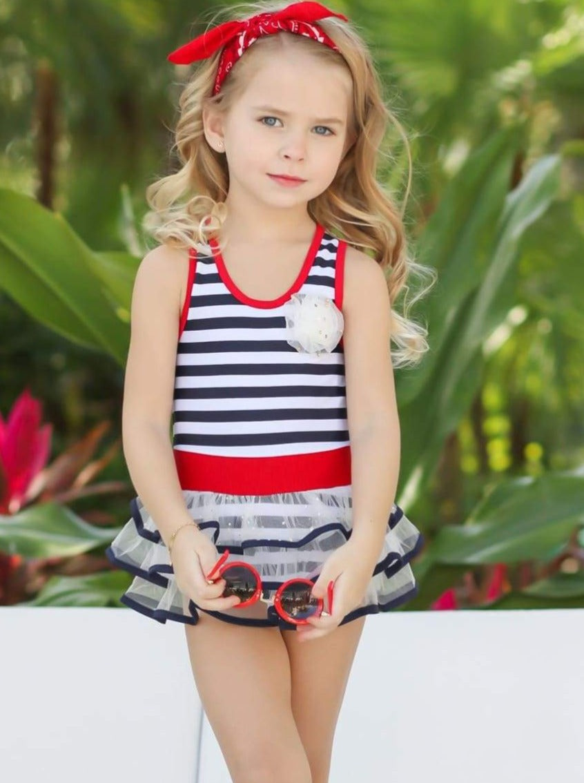 Girls Red Striped Tutu One Piece Swimsuit - Girls One Piece Swimsuit