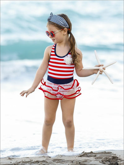 Girls Red Striped Tutu One Piece Swimsuit - Girls One Piece Swimsuit