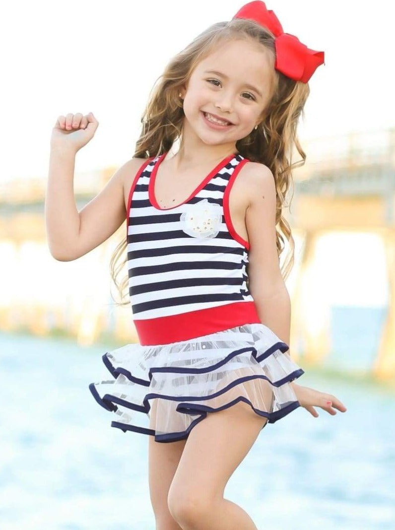 Girls Red Striped Tutu One Piece Swimsuit - Girls One Piece Swimsuit
