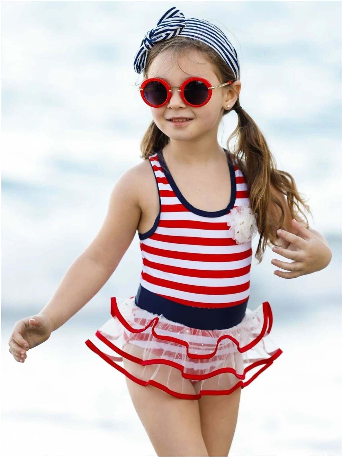 Girls Red Striped Tutu One Piece Swimsuit - Girls One Piece Swimsuit