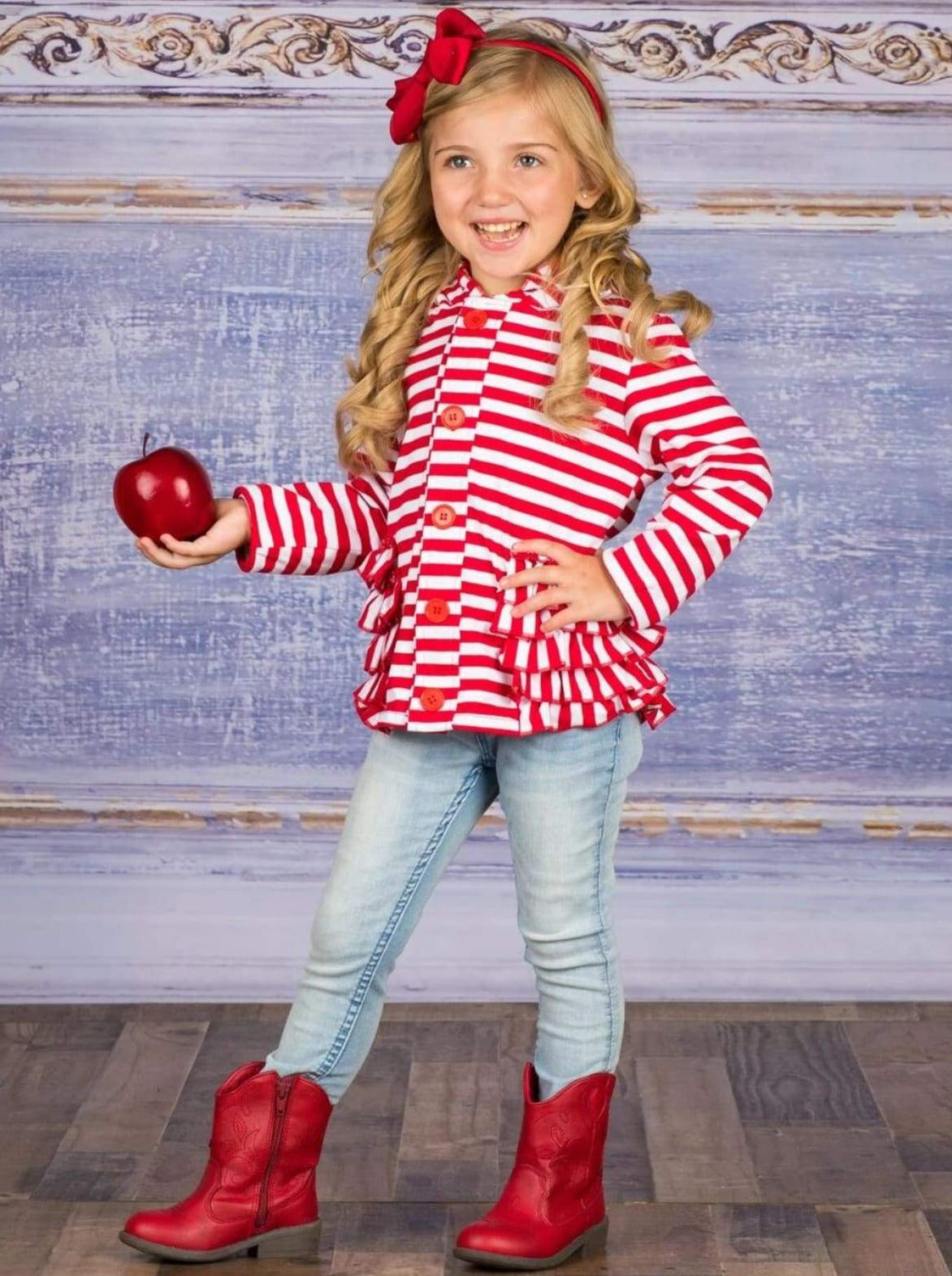 Cozy Winter Sweaters | Girls Red & White Stripe Ruffle Hoodie Cardigan